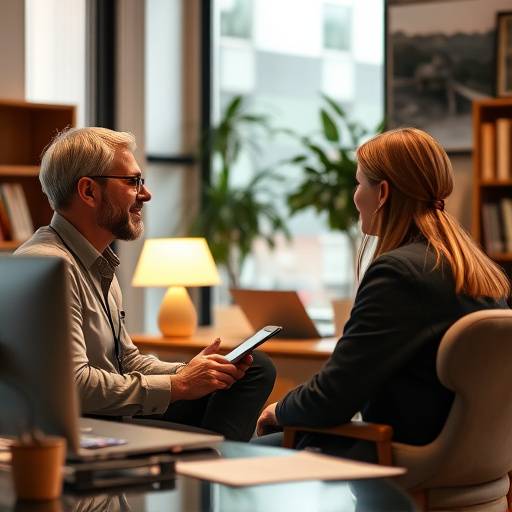 A travel expert providing advice to a client in a comfortable office setting.