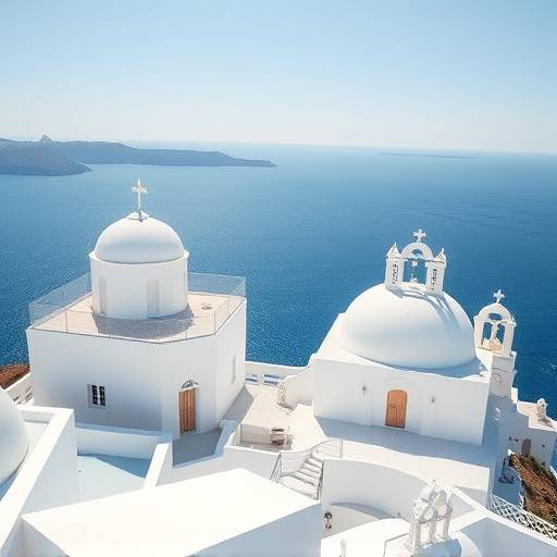 Santorini, Greece, a picturesque island with white-washed buildings overlooking the Aegean Sea.